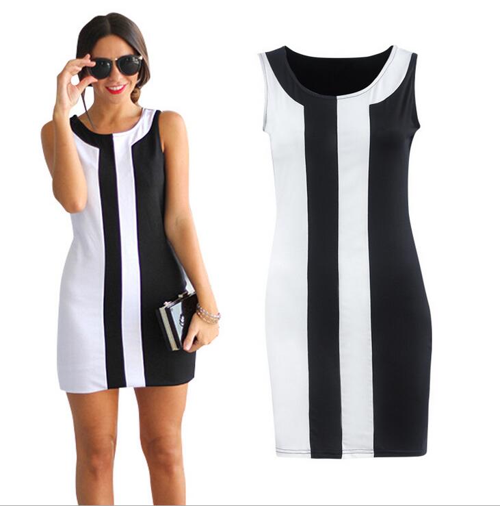 F2483 Black and White Stitching Sleeveless Summer A-line Mini Dress Plus Size